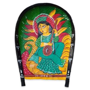 Arushis Goddess Saraswati Kalighat Painting on Kulo, Hand Painted Wall Hanging, Bengali Art Decor, Wall Hanging, 43/33 cm