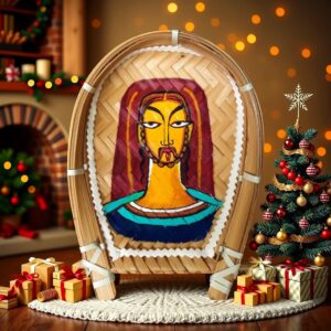 Arushis Hand Painted Lord Jesus Face Wall Decor, Shola Pith Jesus face in kulo, Bamboo Tray Wall Hanging