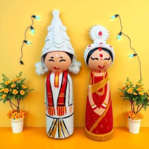 Wooden Bengali Couple Doll, Wedding Bor Bou Putul,Bengali Couple showpiece, Marriage Couple for Tatta Decorations, | Wedding Tray Decorations, 10CM