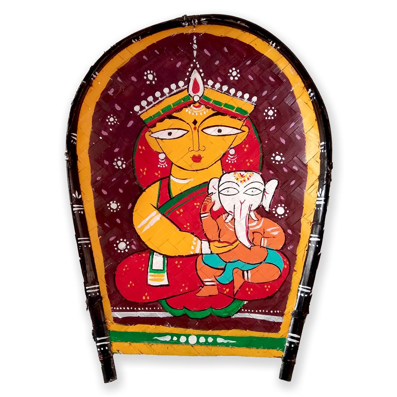 Jamini roy durga hand painted on kulo, jamini roy durga painting | kulo art wall hanging | Parvati with Ganesh ji, ma durga murti, ganesh janani, bengali kulo for decoration