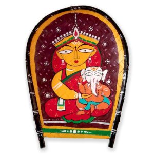 Jamini roy durga hand painted on kulo, jamini roy durga painting | kulo art wall hanging | Parvati with Ganesh ji, ma durga murti, ganesh janani, bengali kulo for decoration