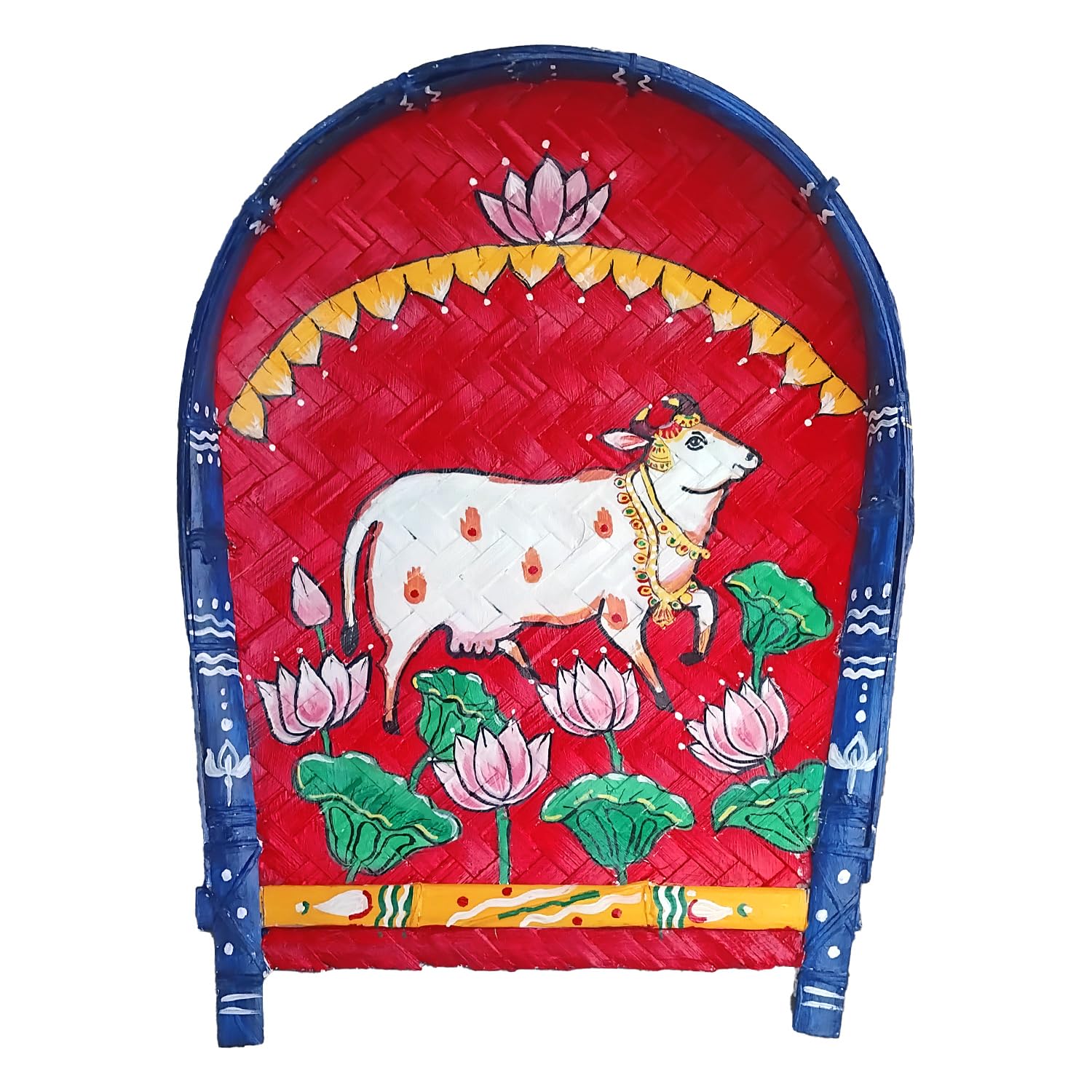 Arushis Handpainted Pichwai Cow Paintings on Kulo, Bamboo Tray Wall Hangings, Pichwai Cow Art 38x30 cm