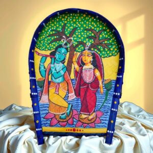 Arushis Traditional Kalighat Style Radha Krishna Wall Art, Hand-Painted Divine Couple Under Tree, Wooden Panel for Living Room, Bengali Art Decor, 44/34 cm