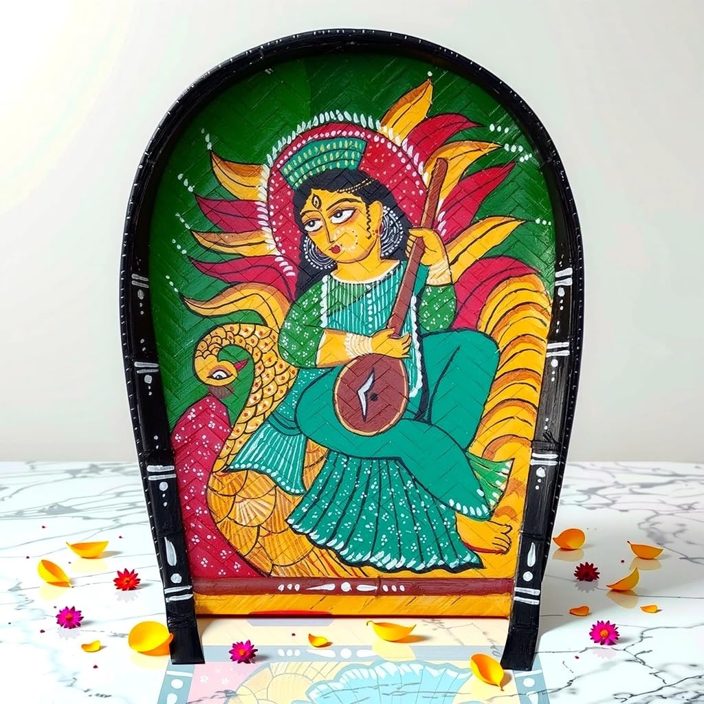 Arushis Goddess Saraswati Kalighat Painting on Kulo, Hand Painted Wall Hanging, Bengali Art Decor, Wall Hanging, 43/33 cm - Image 2