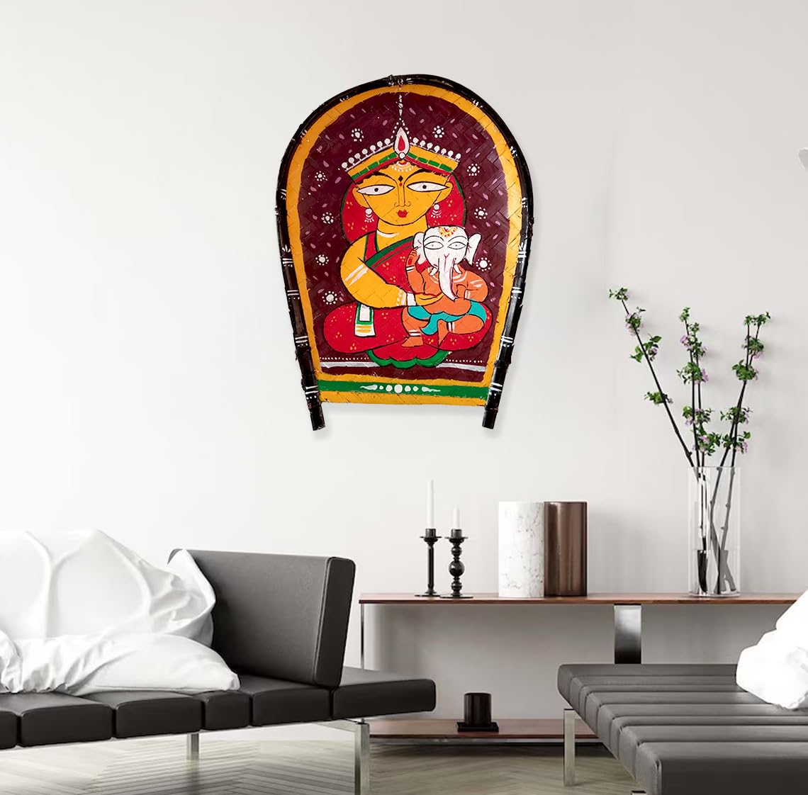 Jamini roy durga hand painted on kulo, jamini roy durga painting | kulo art wall hanging | Parvati with Ganesh ji, ma durga murti, ganesh janani, bengali kulo for decoration - Image 2