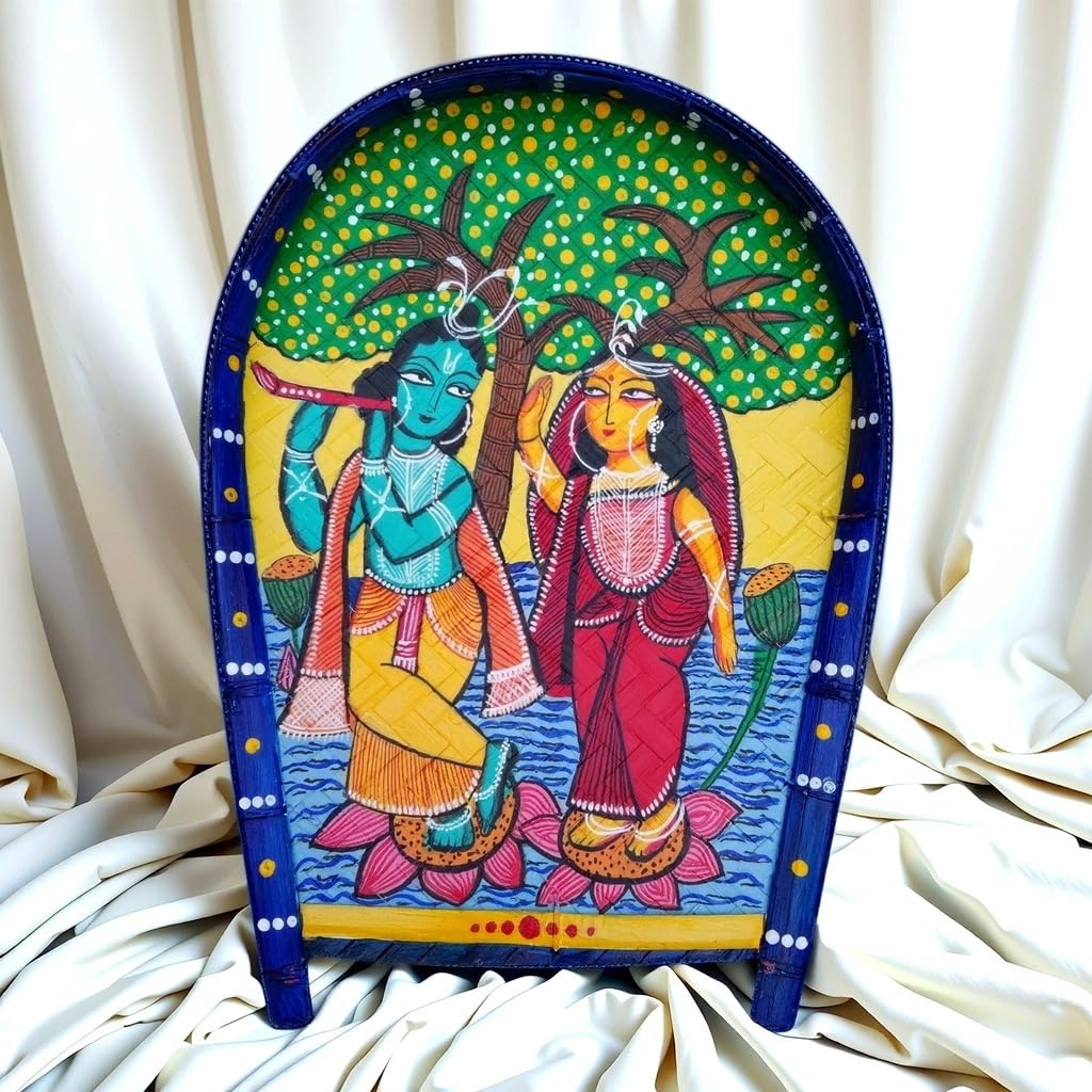 Arushis Traditional Kalighat Style Radha Krishna Wall Art, Hand-Painted Divine Couple Under Tree, Wooden Panel for Living Room, Bengali Art Decor, 44/34 cm - Image 2