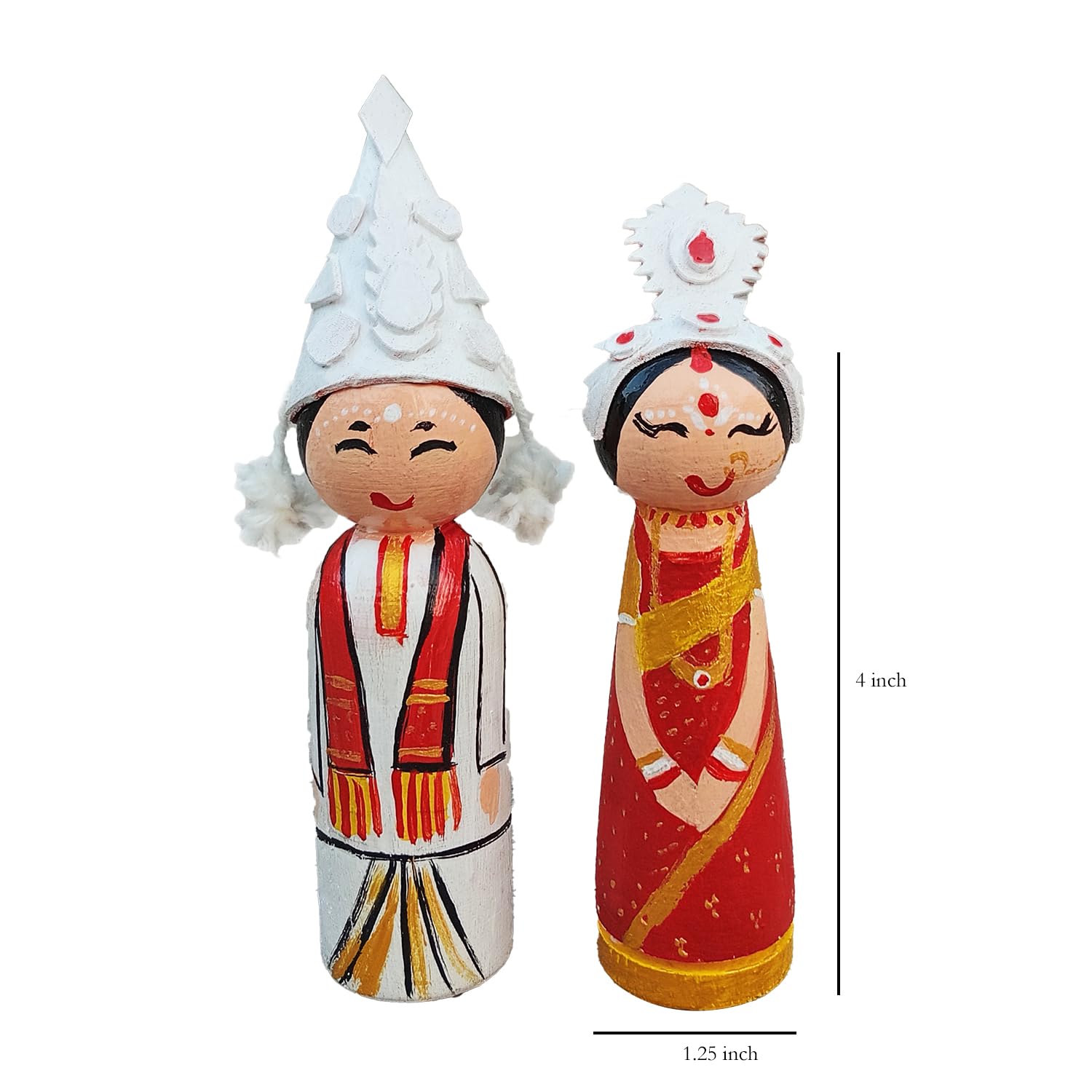 Wooden Bengali Couple Doll, Wedding Bor Bou Putul,Bengali Couple showpiece, Marriage Couple for Tatta Decorations, | Wedding Tray Decorations, 10CM - Image 2