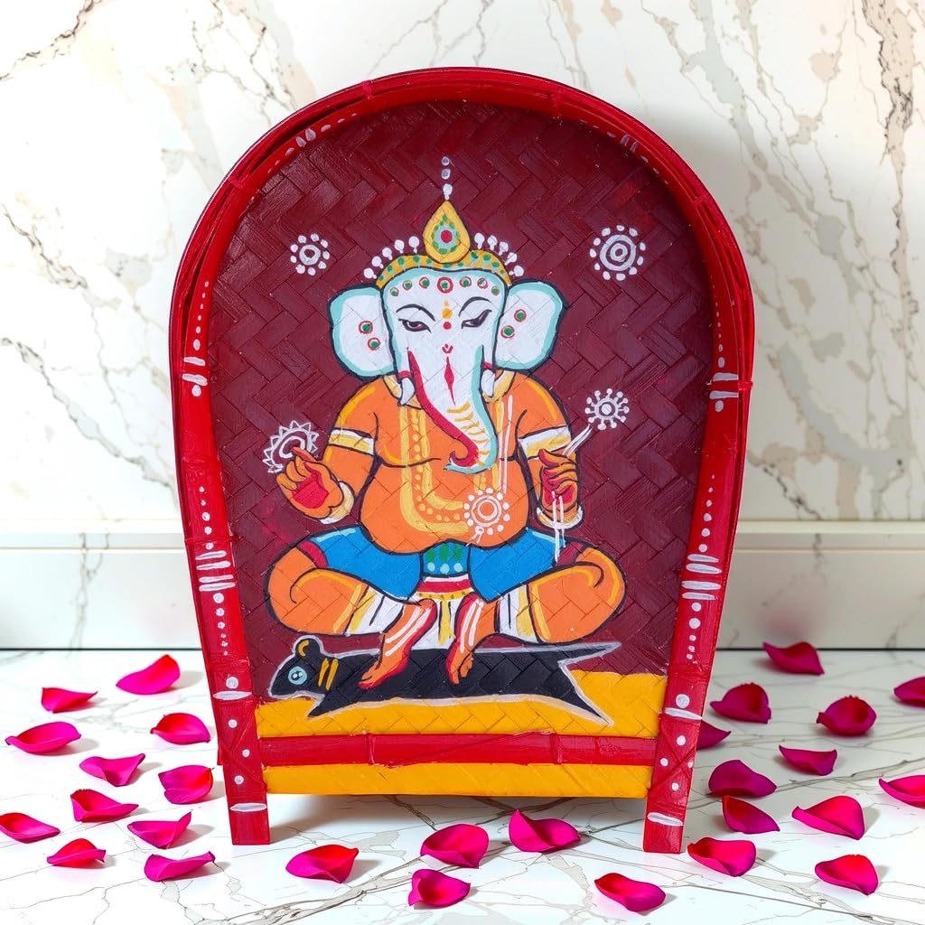 Arushis Lord Ganesha Paintings on Kulo of Jamini Roy, Bamboo Tray Wall Hangings, Jamini Roy's Lord Ganesha 38x30 cm - Image 3