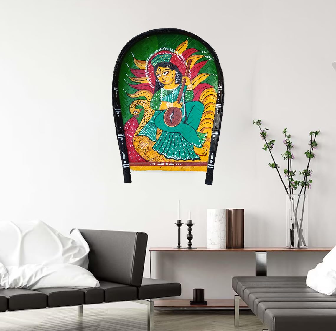 Arushis Goddess Saraswati Kalighat Painting on Kulo, Hand Painted Wall Hanging, Bengali Art Decor, Wall Hanging, 43/33 cm - Image 3