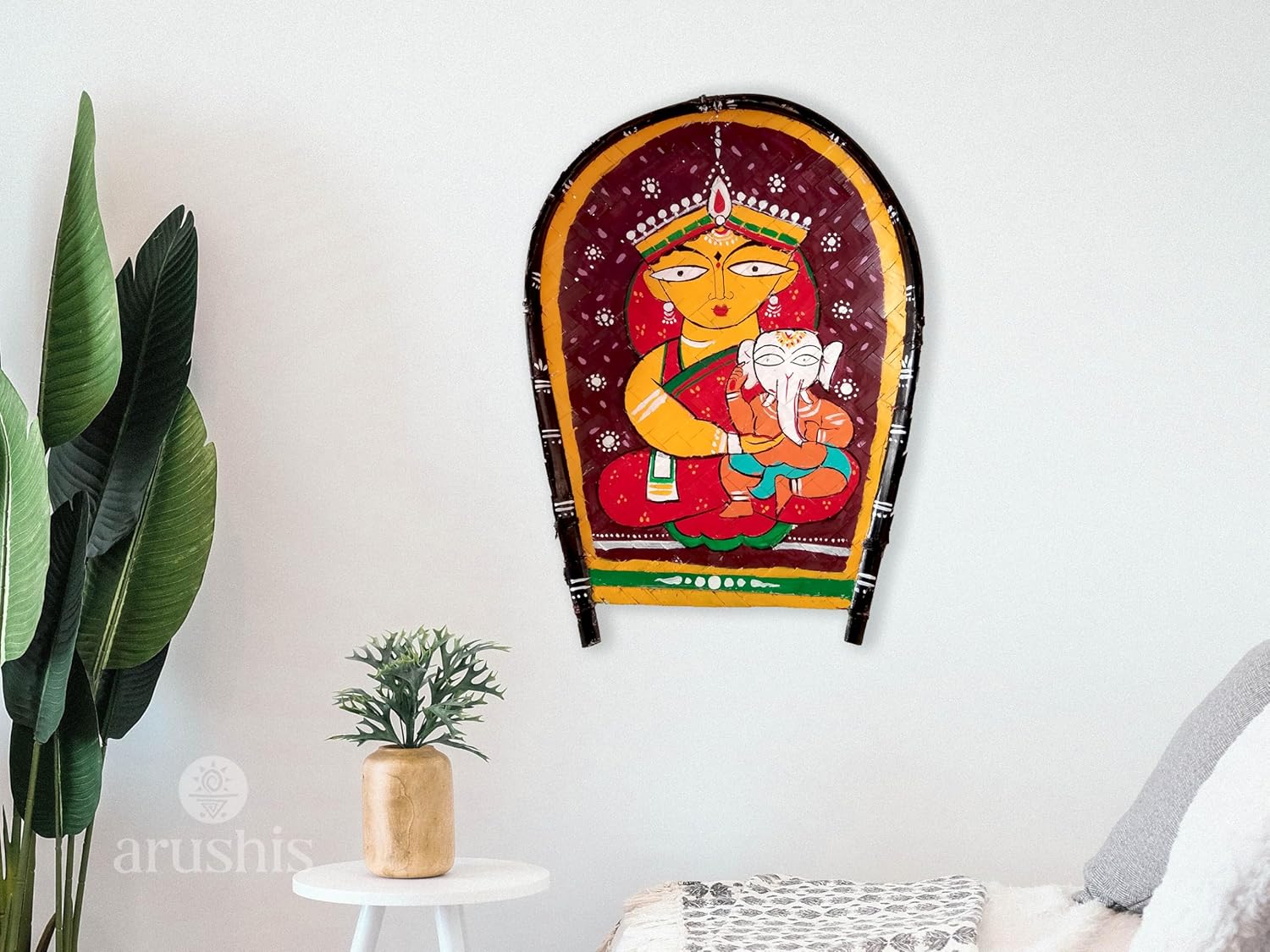Jamini roy durga hand painted on kulo, jamini roy durga painting | kulo art wall hanging | Parvati with Ganesh ji, ma durga murti, ganesh janani, bengali kulo for decoration - Image 3