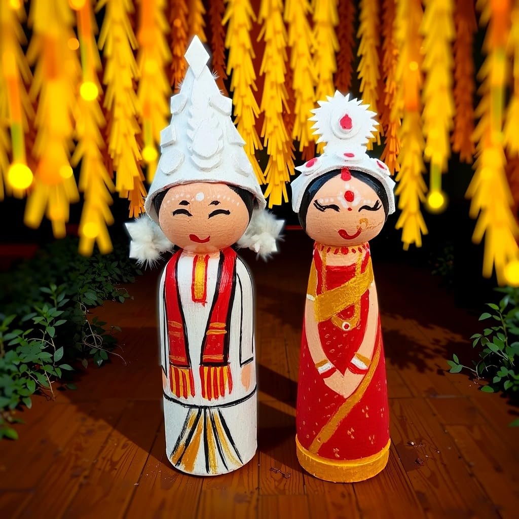 Wooden Bengali Couple Doll, Wedding Bor Bou Putul,Bengali Couple showpiece, Marriage Couple for Tatta Decorations, | Wedding Tray Decorations, 10CM - Image 3