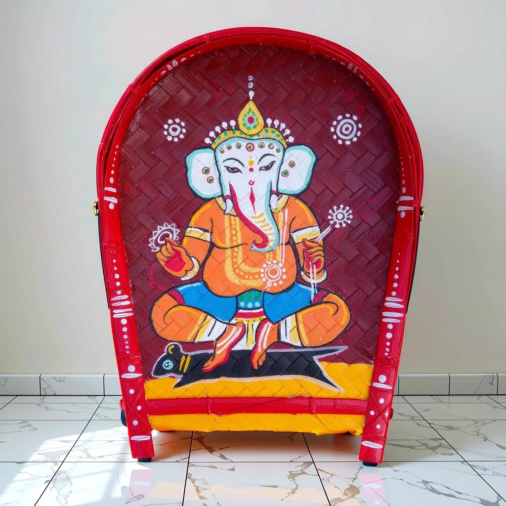 Arushis Lord Ganesha Paintings on Kulo of Jamini Roy, Bamboo Tray Wall Hangings, Jamini Roy's Lord Ganesha 38x30 cm - Image 4