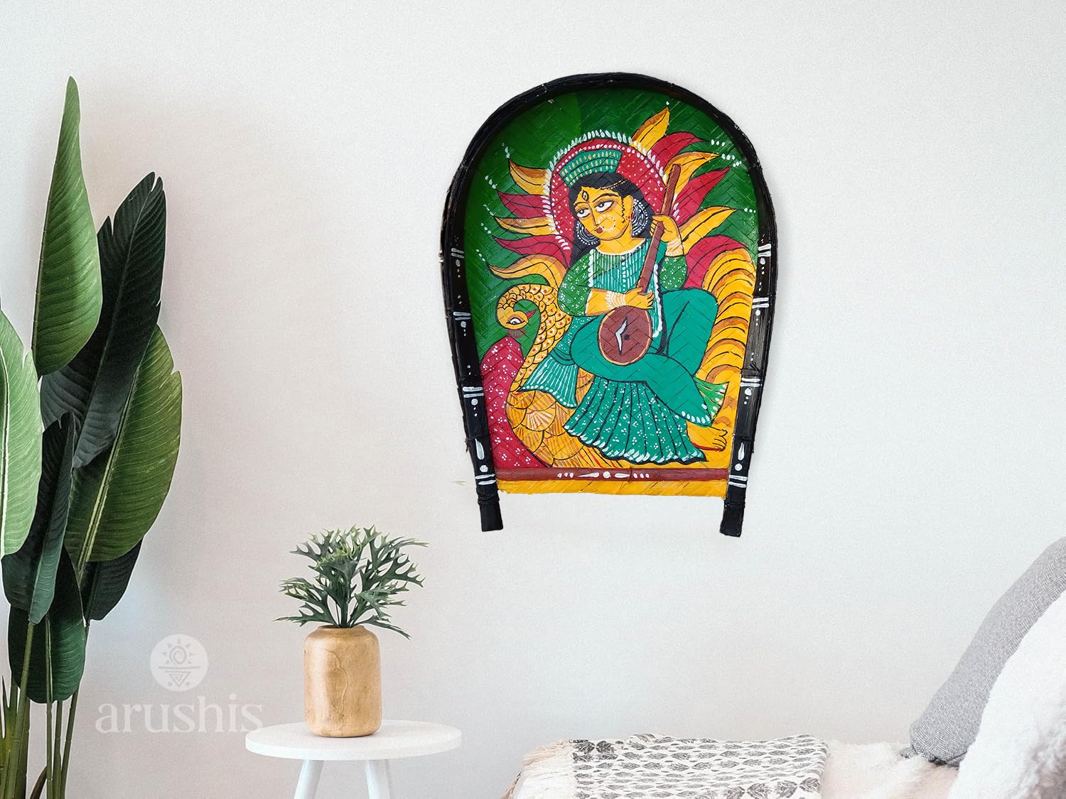 Arushis Goddess Saraswati Kalighat Painting on Kulo, Hand Painted Wall Hanging, Bengali Art Decor, Wall Hanging, 43/33 cm - Image 4