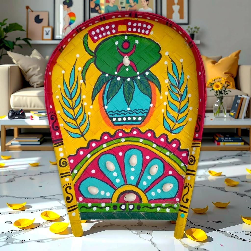Arushis Mangal Ghot Kalash Hand Painted on Boron Kulo Bamboo Tray Wall hangings, Perfect for Marriage Occation, Pujo and Home Decor, Bengali Art Decor, 38/28 cm - Image 4