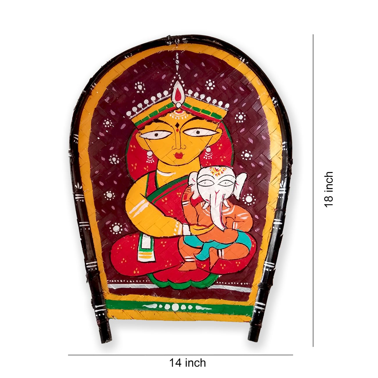 Jamini roy durga hand painted on kulo, jamini roy durga painting | kulo art wall hanging | Parvati with Ganesh ji, ma durga murti, ganesh janani, bengali kulo for decoration - Image 4