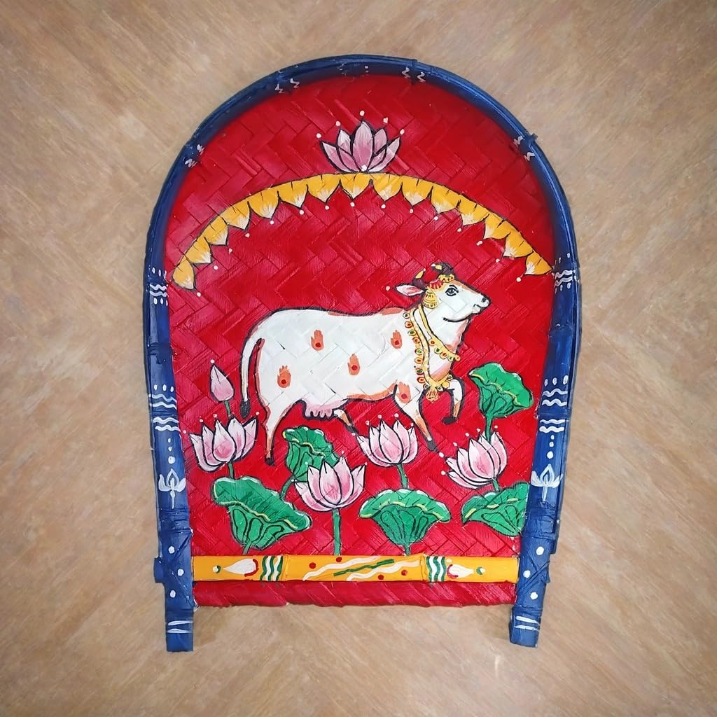 Arushis Handpainted Pichwai Cow Paintings on Kulo, Bamboo Tray Wall Hangings, Pichwai Cow Art 38x30 cm - Image 4