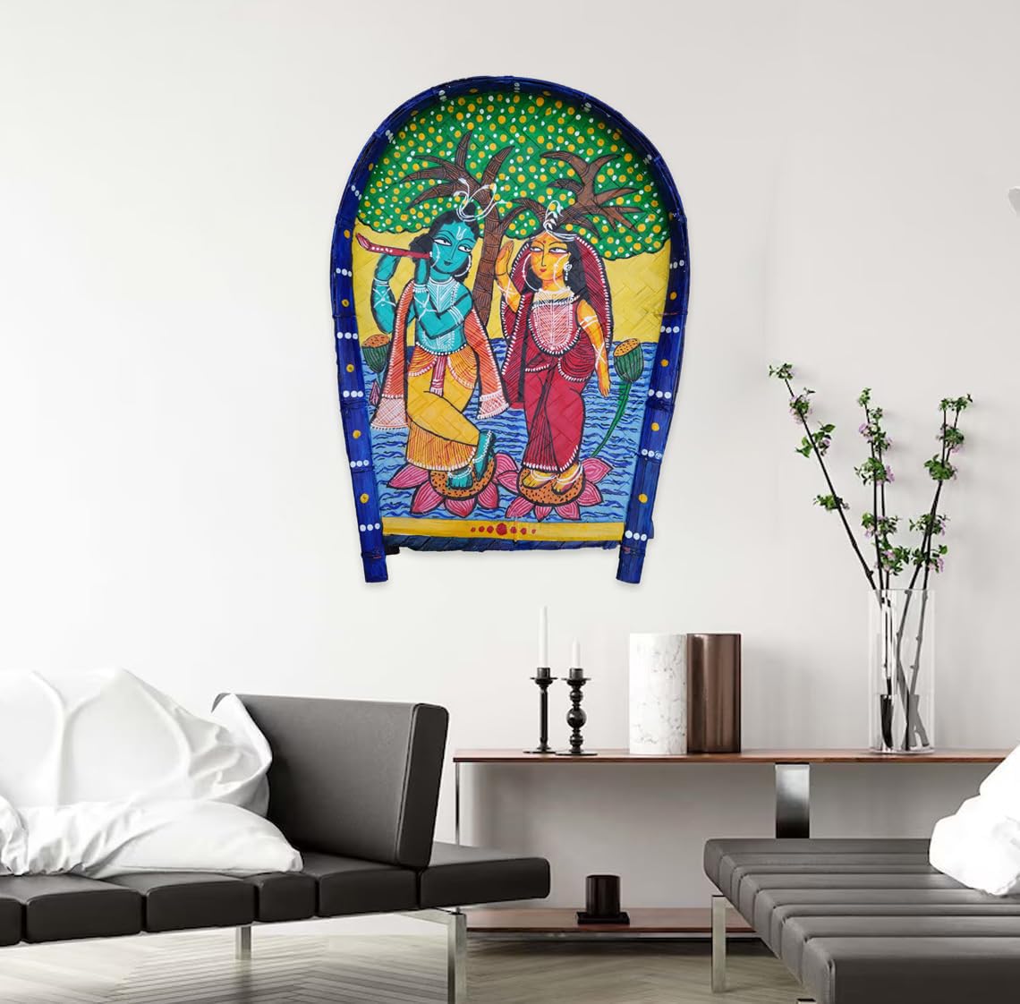 Arushis Traditional Kalighat Style Radha Krishna Wall Art, Hand-Painted Divine Couple Under Tree, Wooden Panel for Living Room, Bengali Art Decor, 44/34 cm - Image 4