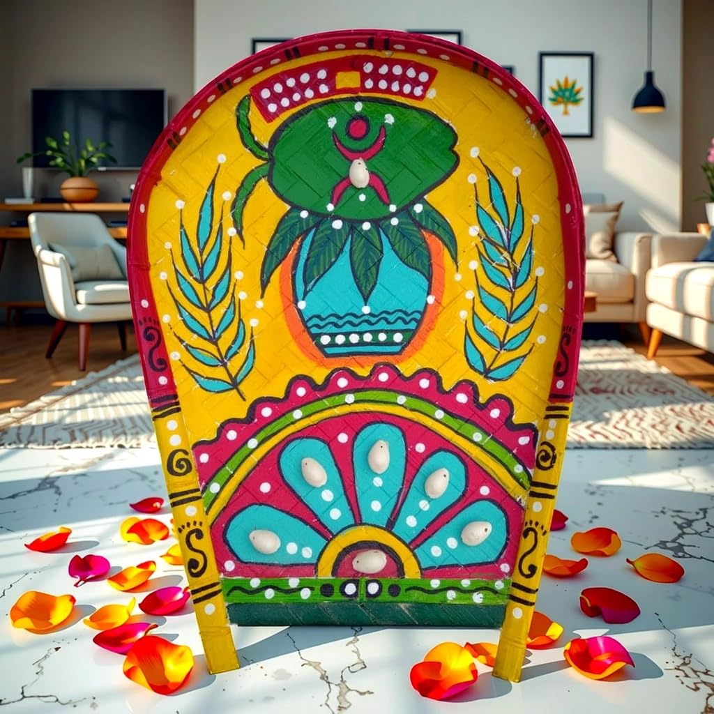 Arushis Mangal Ghot Kalash Hand Painted on Boron Kulo Bamboo Tray Wall hangings, Perfect for Marriage Occation, Pujo and Home Decor, Bengali Art Decor, 38/28 cm - Image 5