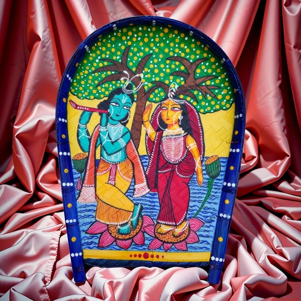 Arushis Traditional Kalighat Style Radha Krishna Wall Art, Hand-Painted Divine Couple Under Tree, Wooden Panel for Living Room, Bengali Art Decor, 44/34 cm - Image 5