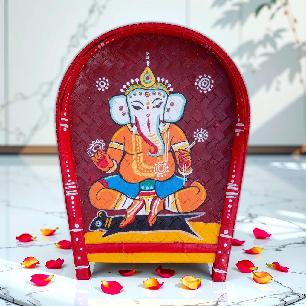 Arushis Lord Ganesha Paintings on Kulo of Jamini Roy, Bamboo Tray Wall Hangings, Jamini Roy's Lord Ganesha 38x30 cm - Image 5