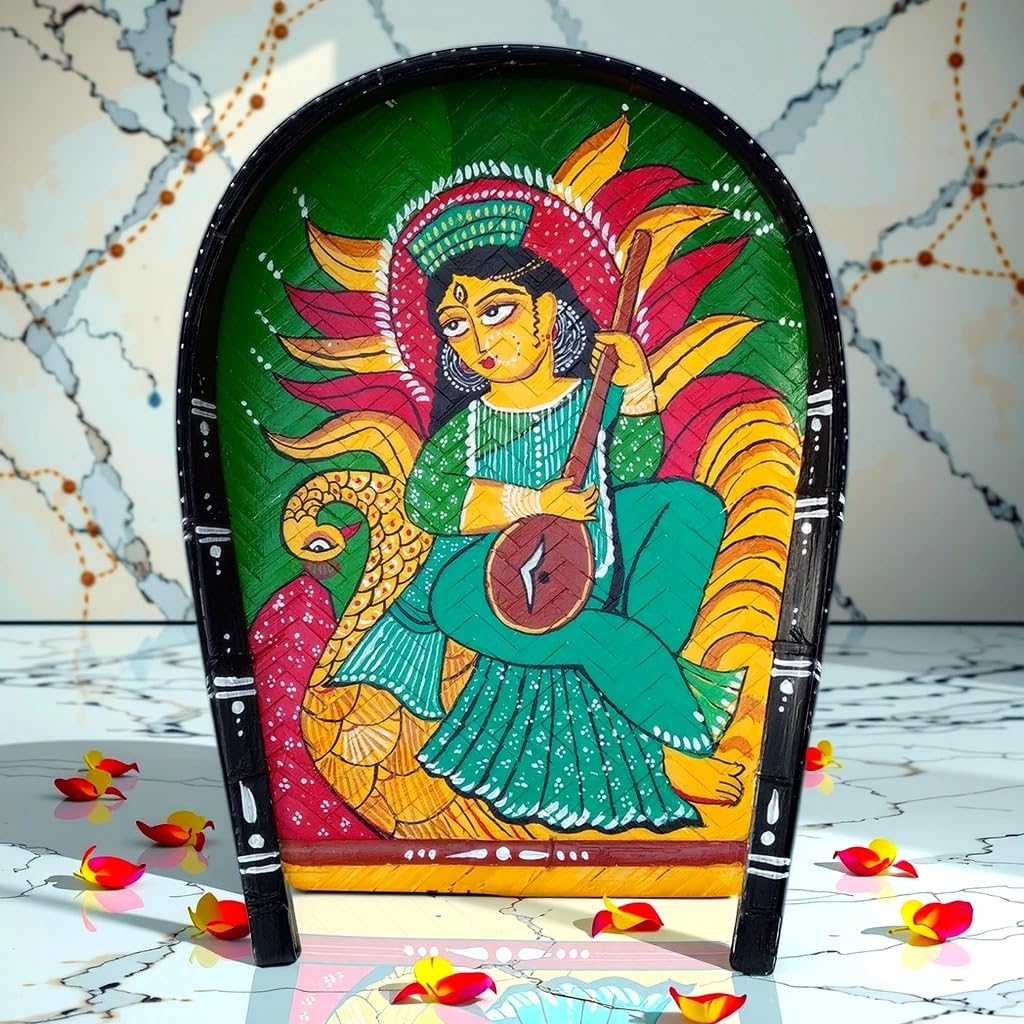 Arushis Goddess Saraswati Kalighat Painting on Kulo, Hand Painted Wall Hanging, Bengali Art Decor, Wall Hanging, 43/33 cm - Image 5