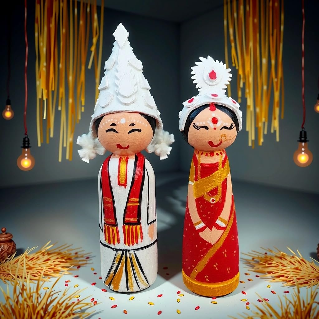 Wooden Bengali Couple Doll, Wedding Bor Bou Putul,Bengali Couple showpiece, Marriage Couple for Tatta Decorations, | Wedding Tray Decorations, 10CM - Image 5