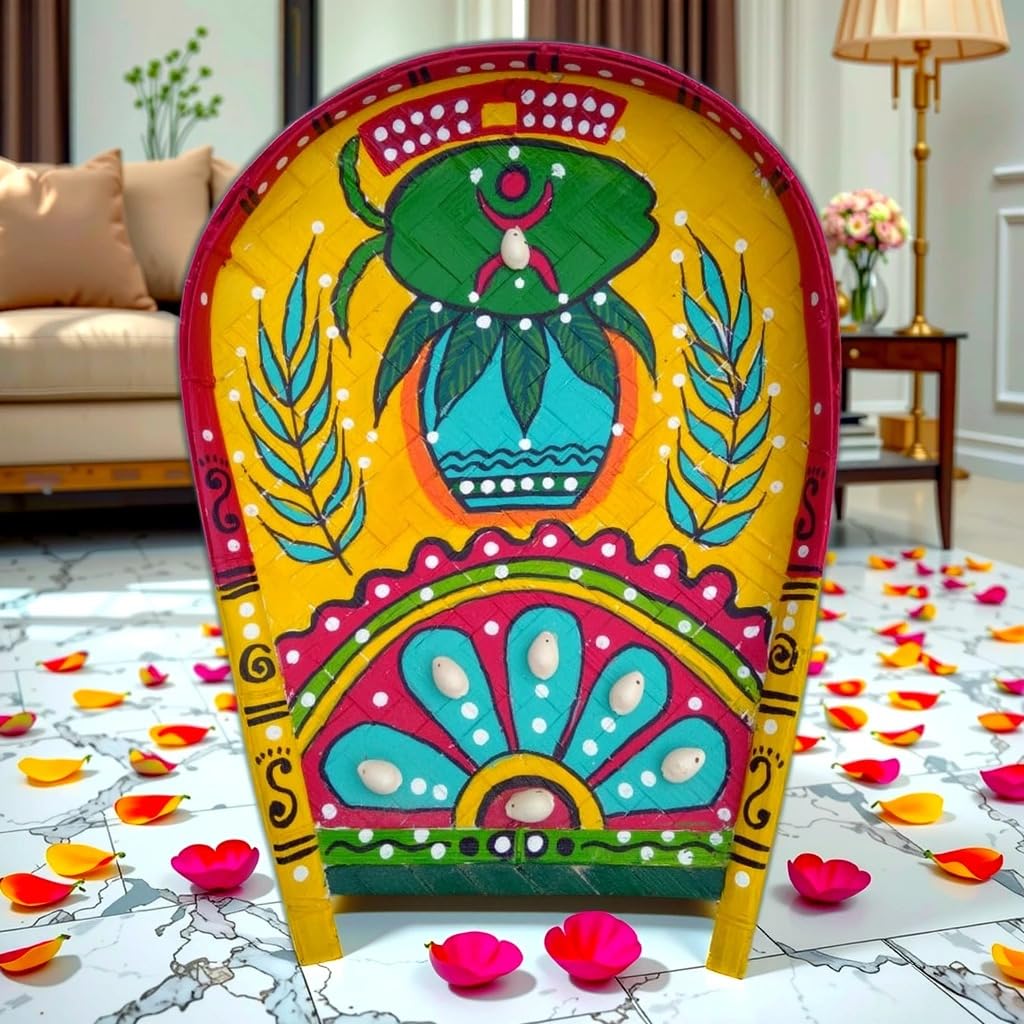 Arushis Mangal Ghot Kalash Hand Painted on Boron Kulo Bamboo Tray Wall hangings, Perfect for Marriage Occation, Pujo and Home Decor, Bengali Art Decor, 38/28 cm - Image 6