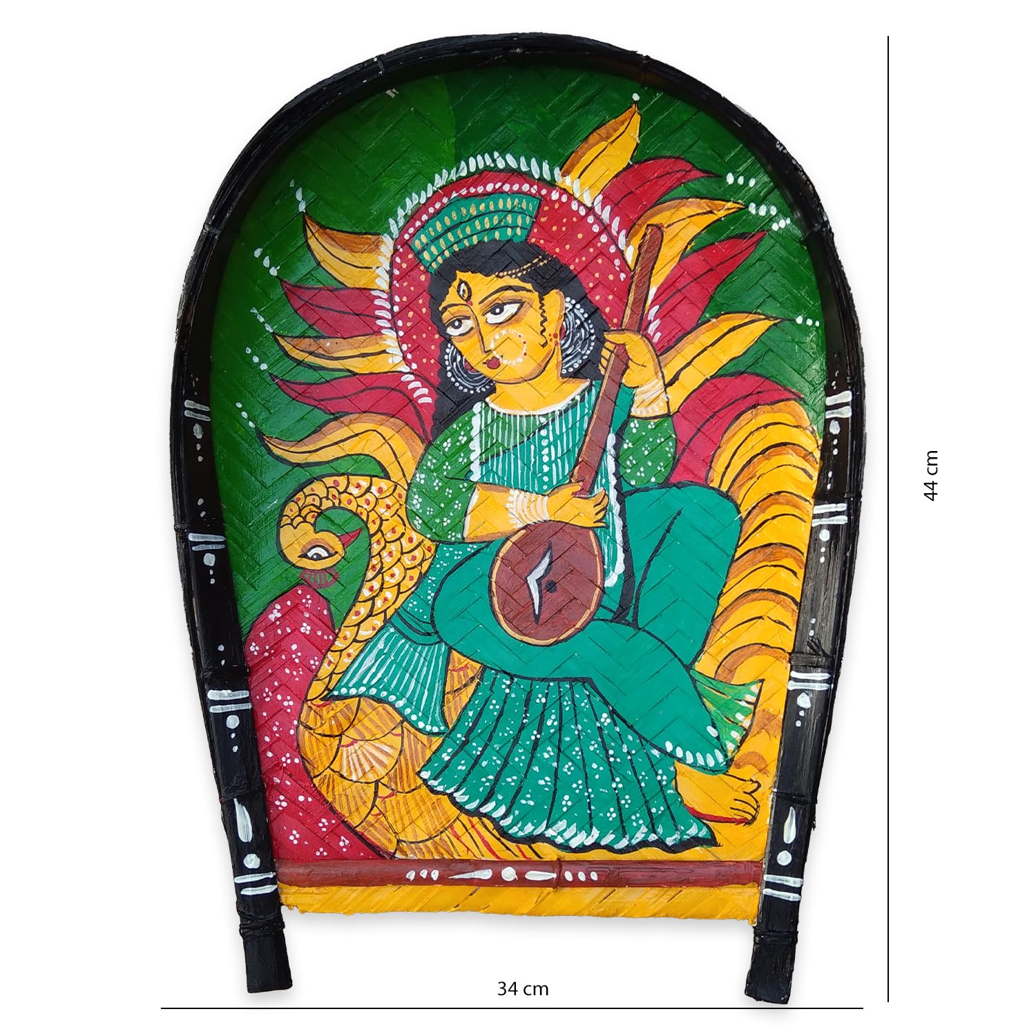 Arushis Goddess Saraswati Kalighat Painting on Kulo, Hand Painted Wall Hanging, Bengali Art Decor, Wall Hanging, 43/33 cm - Image 6