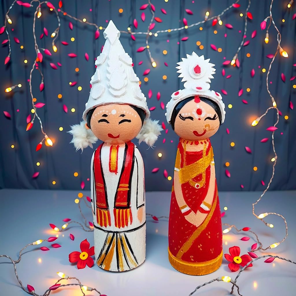 Wooden Bengali Couple Doll, Wedding Bor Bou Putul,Bengali Couple showpiece, Marriage Couple for Tatta Decorations, | Wedding Tray Decorations, 10CM - Image 6