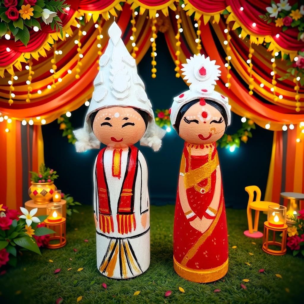 Wooden Bengali Couple Doll, Wedding Bor Bou Putul,Bengali Couple showpiece, Marriage Couple for Tatta Decorations, | Wedding Tray Decorations, 10CM - Image 7